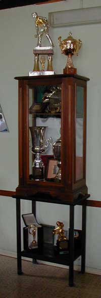 This trophy case displays some of the
many awards won by past league teams.