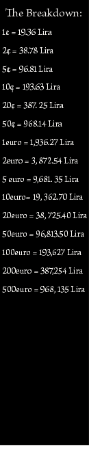 euro to Lira conversion ratios in euro denominations from 1 cent, 2 cent, 5 cent, 10 cent, 20 cent, 50 cent, 1 euro, 2 euro, 5 euro, 10 euro, 20 euro, 50 euro, 100 euro, 200 euro, 500 euro